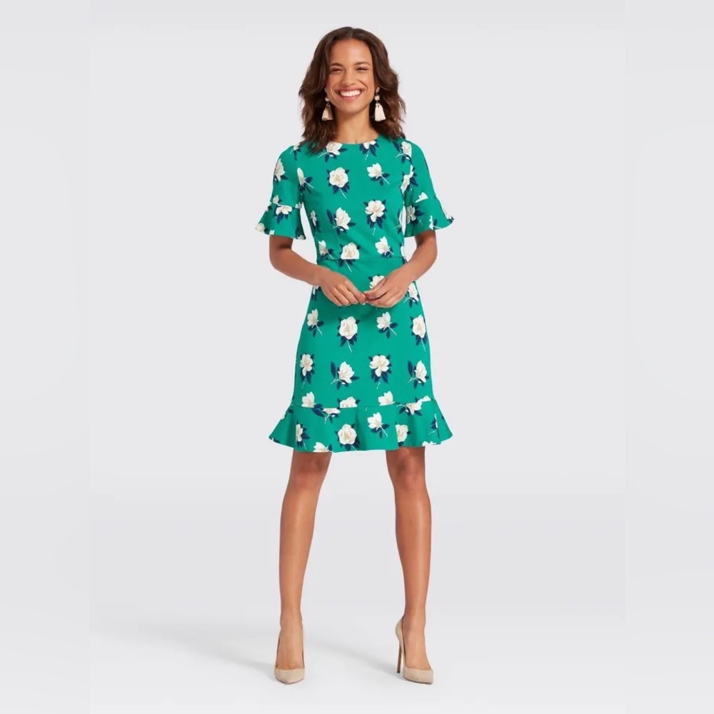 Draper James Teal Green Floral Ruffle-Hem Mini Dress